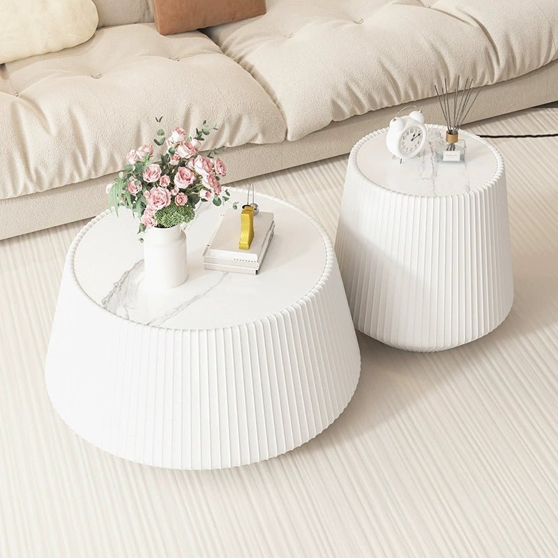Mesa de centro redonda minimalista moderna de losa de piedra con cuero PU y madera maciza para sala de estar 