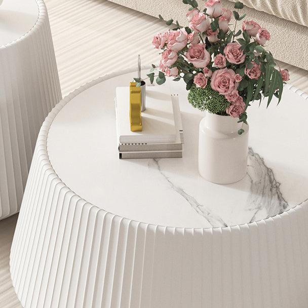 Mesa de centro redonda minimalista moderna de losa de piedra con cuero PU y madera maciza para sala de estar 