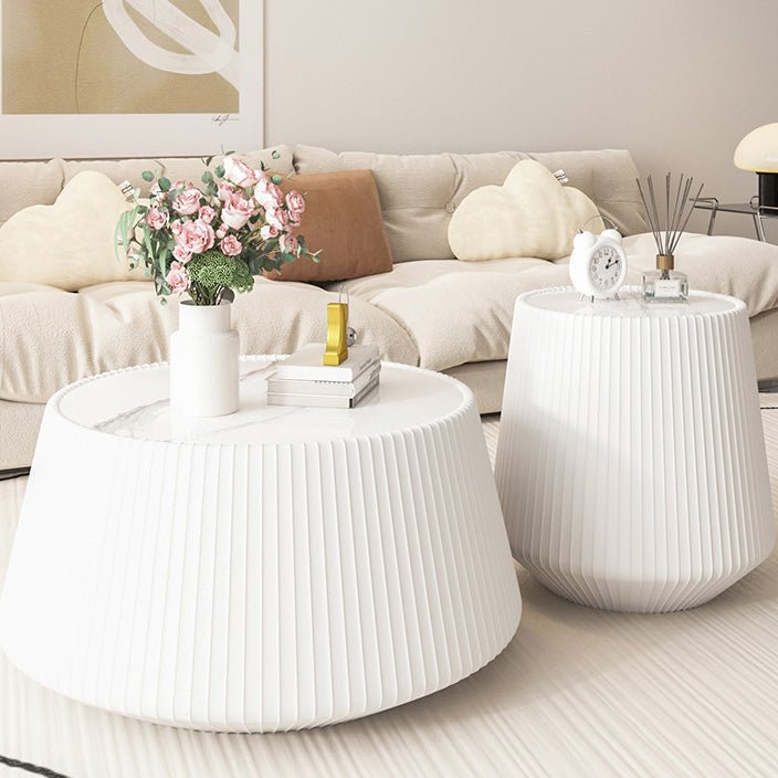 Mesa de centro redonda minimalista moderna de losa de piedra con cuero PU y madera maciza para sala de estar 