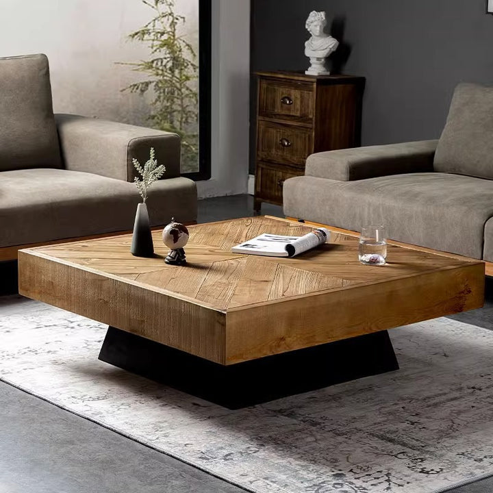 Mesa de café cuadrada de madera de pino retro contemporánea para sala de estar 