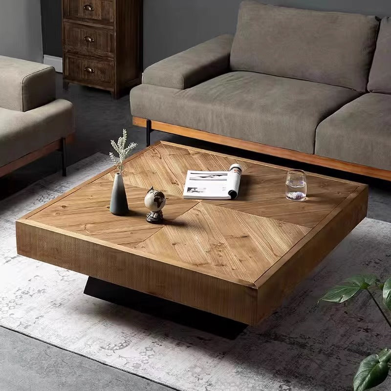 Mesa de café cuadrada de madera de pino retro contemporánea para sala de estar 