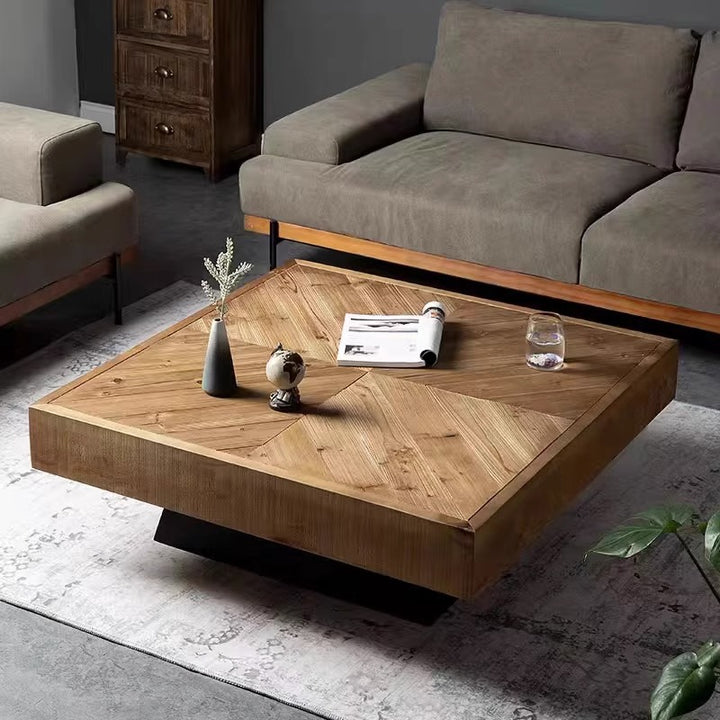 Mesa de café cuadrada de madera de pino retro contemporánea para sala de estar 