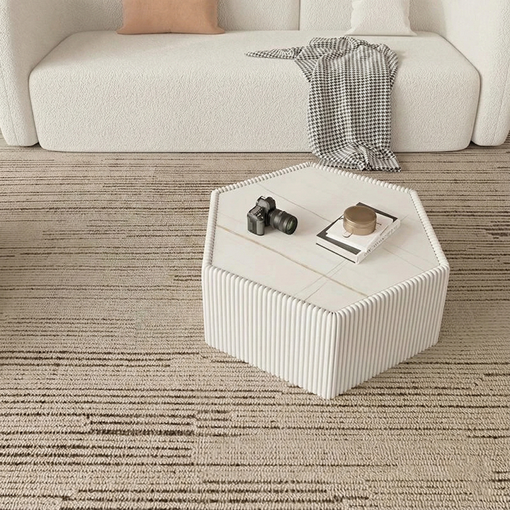 Modern Minimalist Hexagon Stone Slab Faux Leather MDF Eucalyptus Wood Coffee Table For Living Room