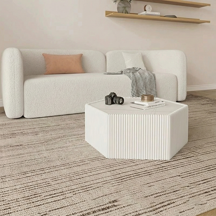 Modern Minimalist Hexagon Stone Slab Faux Leather MDF Eucalyptus Wood Coffee Table For Living Room