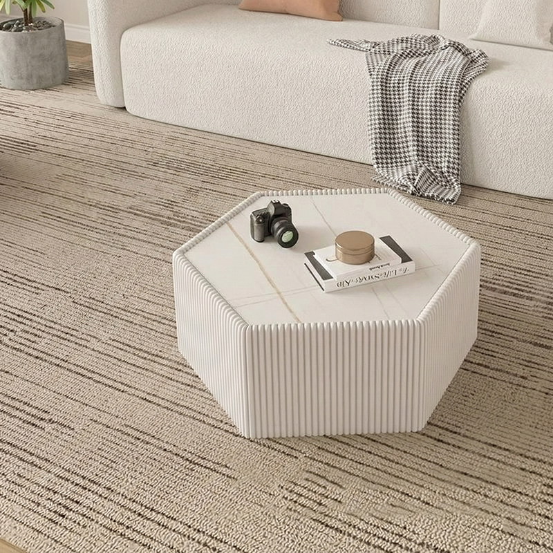 Modern Minimalist Hexagon Stone Slab Faux Leather MDF Eucalyptus Wood Coffee Table For Living Room