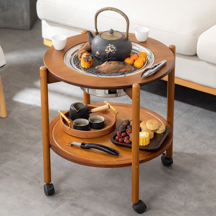 Traditioneller chinesischer runder Nan-Bambus Edelstahl Holzkohlegrill Barbecue Beweglicher Couchtisch 2-stufig für Wohnzimmer 