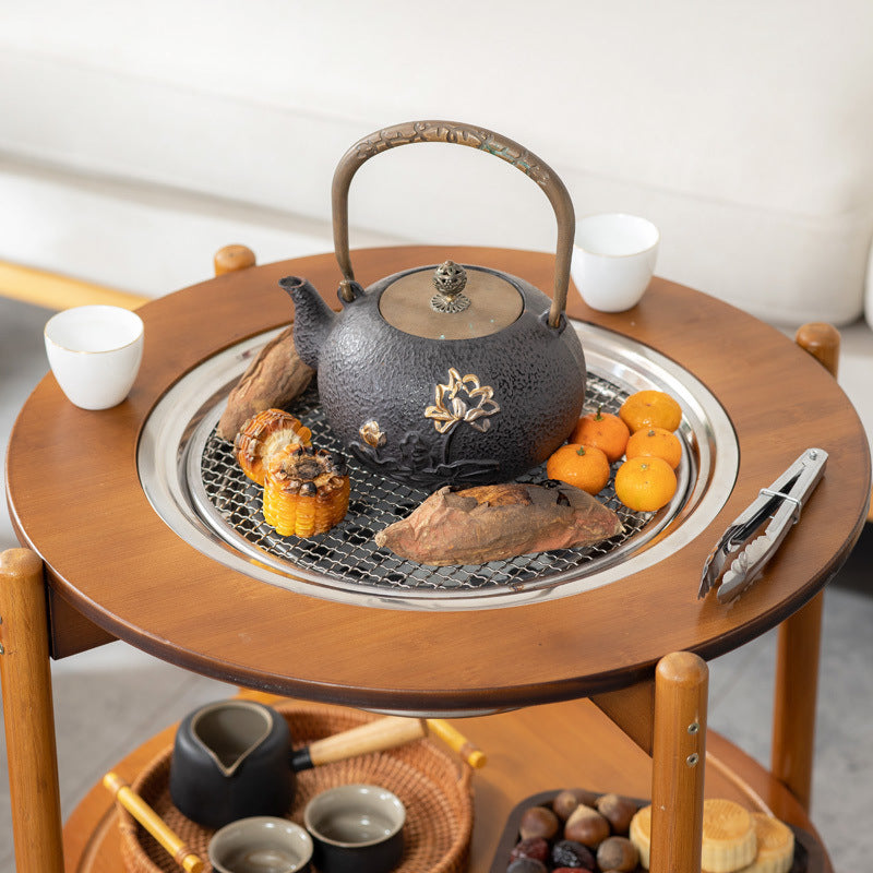 Traditioneller chinesischer runder Nan-Bambus Edelstahl Holzkohlegrill Barbecue Beweglicher Couchtisch 2-stufig für Wohnzimmer 