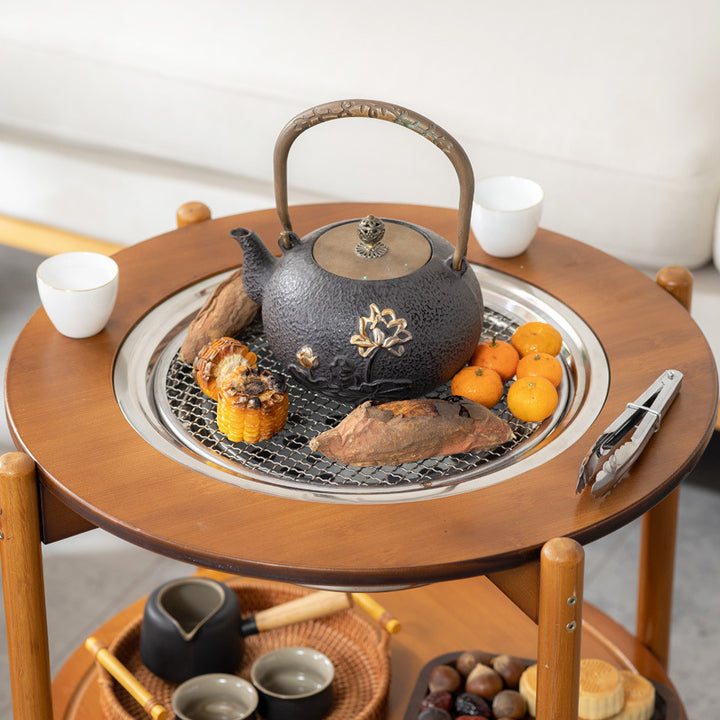 Traditioneller chinesischer runder Nan-Bambus Edelstahl Holzkohlegrill Barbecue Beweglicher Couchtisch 2-stufig für Wohnzimmer 