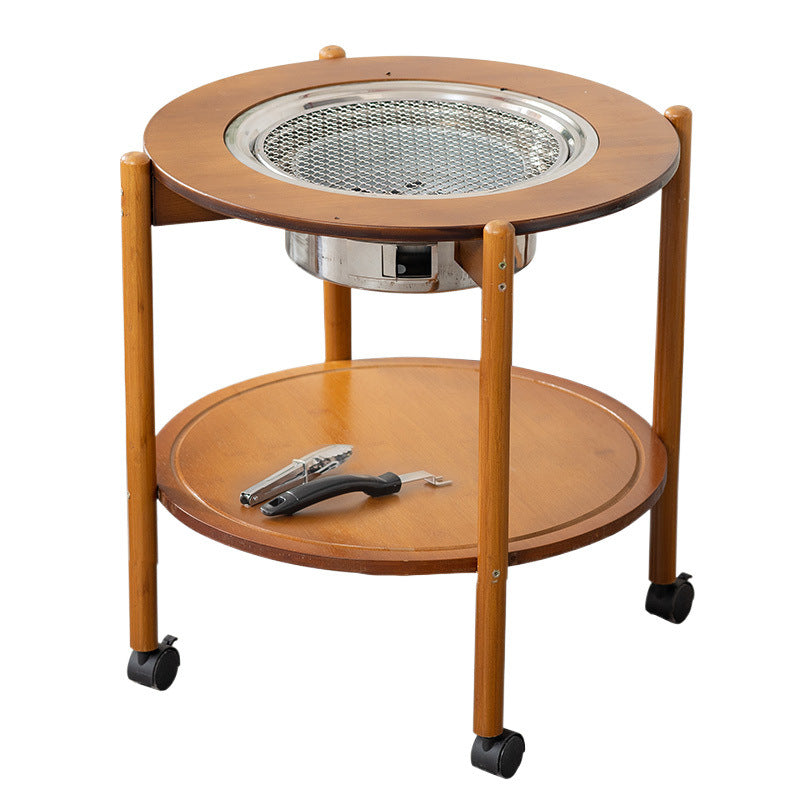 Traditioneller chinesischer runder Nan-Bambus Edelstahl Holzkohlegrill Barbecue Beweglicher Couchtisch 2-stufig für Wohnzimmer 