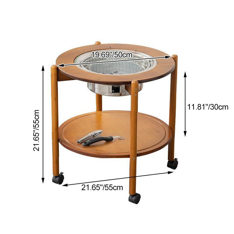 Traditioneller chinesischer runder Nan-Bambus Edelstahl Holzkohlegrill Barbecue Beweglicher Couchtisch 2-stufig für Wohnzimmer 