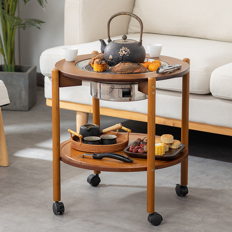Traditioneller chinesischer runder Nan-Bambus Edelstahl Holzkohlegrill Barbecue Beweglicher Couchtisch 2-stufig für Wohnzimmer 