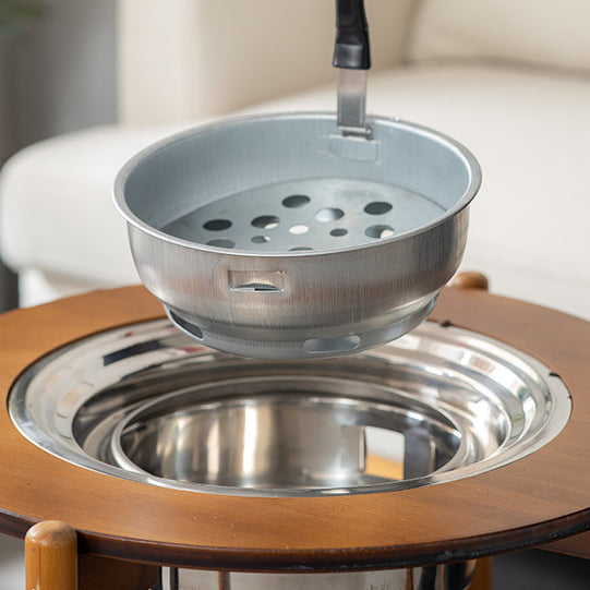 Traditioneller chinesischer runder Nan-Bambus Edelstahl Holzkohlegrill Barbecue Beweglicher Couchtisch 2-stufig für Wohnzimmer 
