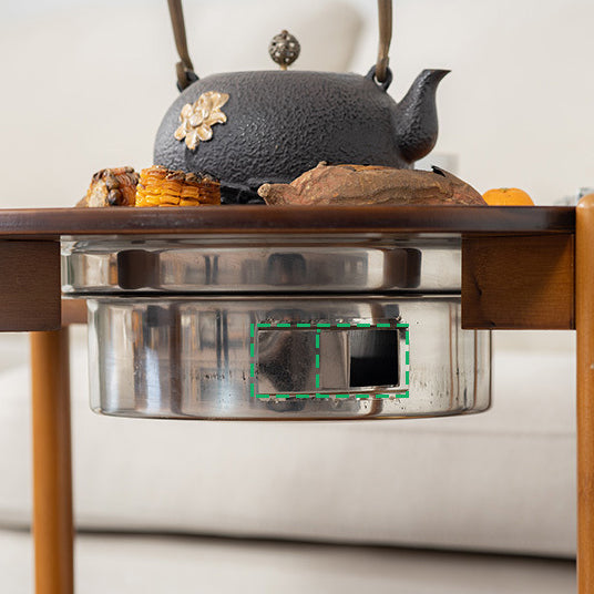 Traditioneller chinesischer runder Nan-Bambus Edelstahl Holzkohlegrill Barbecue Beweglicher Couchtisch 2-stufig für Wohnzimmer 