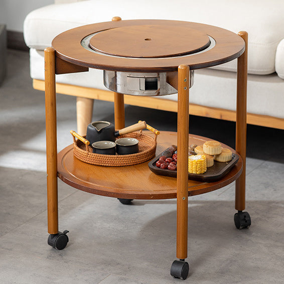 Traditioneller chinesischer runder Nan-Bambus Edelstahl Holzkohlegrill Barbecue Beweglicher Couchtisch 2-stufig für Wohnzimmer 