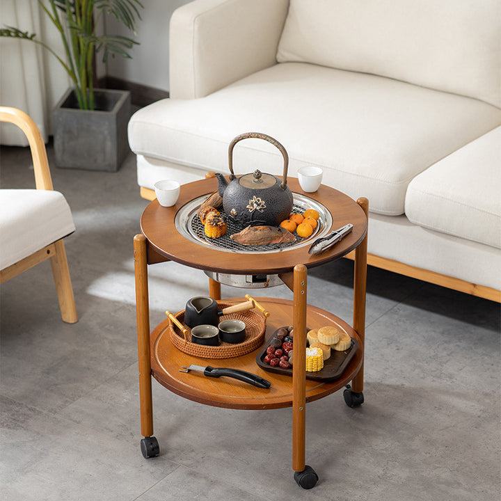 Traditioneller chinesischer runder Nan-Bambus Edelstahl Holzkohlegrill Barbecue Beweglicher Couchtisch 2-stufig für Wohnzimmer 