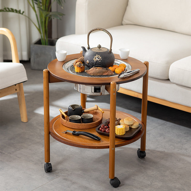 Traditioneller chinesischer runder Nan-Bambus Edelstahl Holzkohlegrill Barbecue Beweglicher Couchtisch 2-stufig für Wohnzimmer 