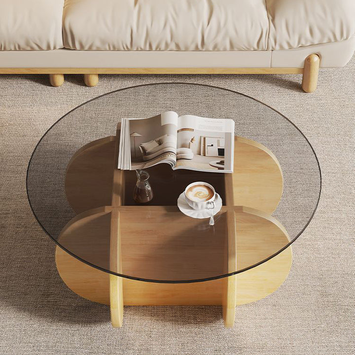 Table basse ronde minimaliste moderne en bois massif et verre pour salon 