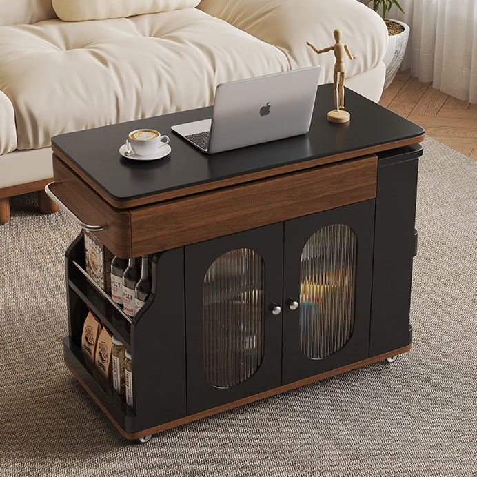 Modern Minimalist Rectangular Solid Wood Eco Board Iron Stainless Steel 360°Swivel Height Adjustable Movable End Table 7-Cabinet For Living Room