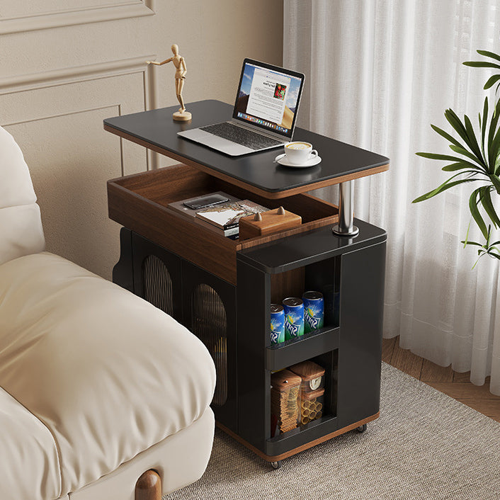 Modern Minimalist Rectangular Solid Wood Eco Board Iron Stainless Steel 360°Swivel Height Adjustable Movable End Table 7-Cabinet For Living Room