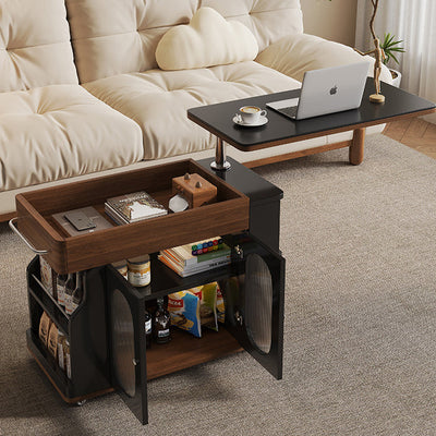 Modern Minimalist Rectangular Solid Wood Eco Board Iron Stainless Steel 360°Swivel Height Adjustable Movable End Table 7-Cabinet For Living Room