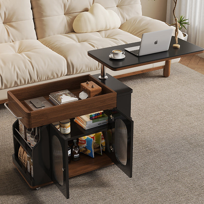 Modern Minimalist Rectangular Solid Wood Eco Board Iron Stainless Steel 360°Swivel Height Adjustable Movable End Table 7-Cabinet For Living Room