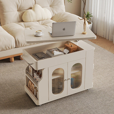 Modern Minimalist Rectangular Solid Wood Eco Board Iron Stainless Steel 360°Swivel Height Adjustable Movable End Table 7-Cabinet For Living Room