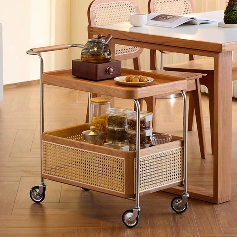 Modern Minimalist Rectangular Rubberwood Carbon Steel Faux Rattan Weaving Movable End Table 2-Tier For Living Room