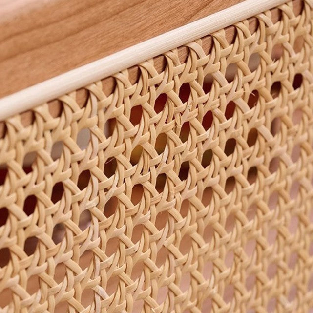 Modern Minimalist Rectangular Rubberwood Carbon Steel Faux Rattan Weaving Movable End Table 2-Tier For Living Room