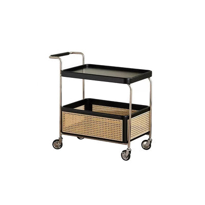 Modern Minimalist Rectangular Rubberwood Carbon Steel Faux Rattan Weaving Movable End Table 2-Tier For Living Room