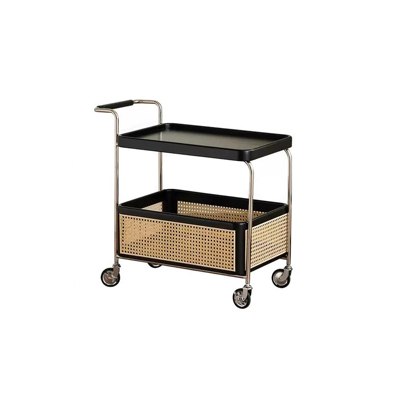 Modern Minimalist Rectangular Rubberwood Carbon Steel Faux Rattan Weaving Movable End Table 2-Tier For Living Room