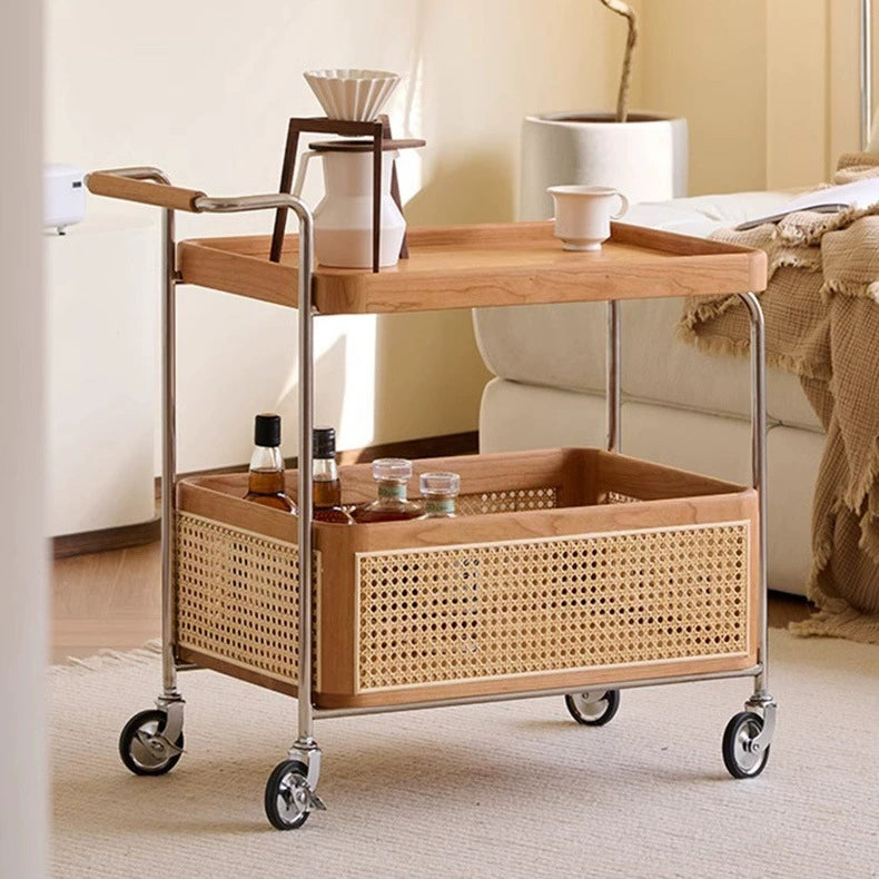 Modern Minimalist Rectangular Rubberwood Carbon Steel Faux Rattan Weaving Movable End Table 2-Tier For Living Room