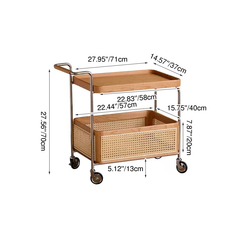 Modern Minimalist Rectangular Rubberwood Carbon Steel Faux Rattan Weaving Movable End Table 2-Tier For Living Room
