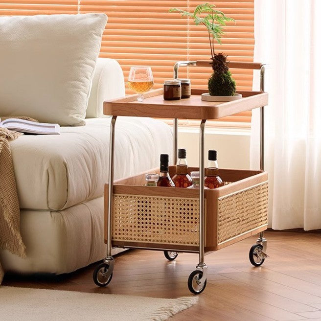 Modern Minimalist Rectangular Rubberwood Carbon Steel Faux Rattan Weaving Movable End Table 2-Tier For Living Room