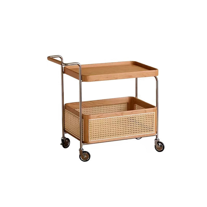 Modern Minimalist Rectangular Rubberwood Carbon Steel Faux Rattan Weaving Movable End Table 2-Tier For Living Room