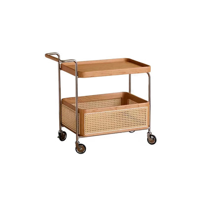 Modern Minimalist Rectangular Rubberwood Carbon Steel Faux Rattan Weaving Movable End Table 2-Tier For Living Room