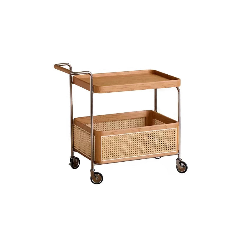 Modern Minimalist Rectangular Rubberwood Carbon Steel Faux Rattan Weaving Movable End Table 2-Tier For Living Room