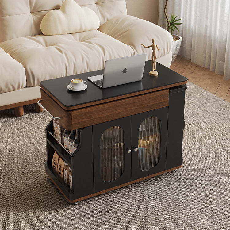 Modern Minimalist Rectangular Solid Wood Eco Board Iron Stainless Steel 360°Swivel Height Adjustable Movable End Table 7-Cabinet For Living Room