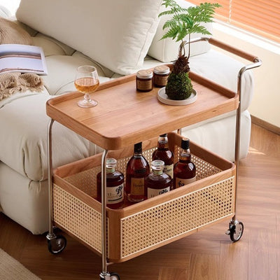 Modern Minimalist Rectangular Rubberwood Carbon Steel Faux Rattan Weaving Movable End Table 2-Tier For Living Room