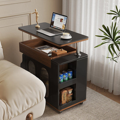 Modern Minimalist Rectangular Solid Wood Eco Board Iron Stainless Steel 360°Swivel Height Adjustable Movable End Table 7-Cabinet For Living Room