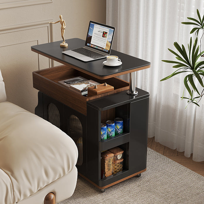 Modern Minimalist Rectangular Solid Wood Eco Board Iron Stainless Steel 360°Swivel Height Adjustable Movable End Table 7-Cabinet For Living Room