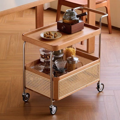 Modern Minimalist Rectangular Rubberwood Carbon Steel Faux Rattan Weaving Movable End Table 2-Tier For Living Room