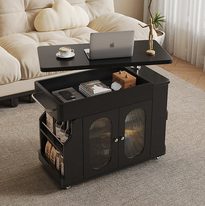 Modern Minimalist Rectangular Solid Wood Eco Board Iron Stainless Steel 360°Swivel Height Adjustable Movable End Table 7-Cabinet For Living Room