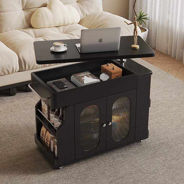 Modern Minimalist Rectangular Solid Wood Eco Board Iron Stainless Steel 360°Swivel Height Adjustable Movable End Table 7-Cabinet For Living Room