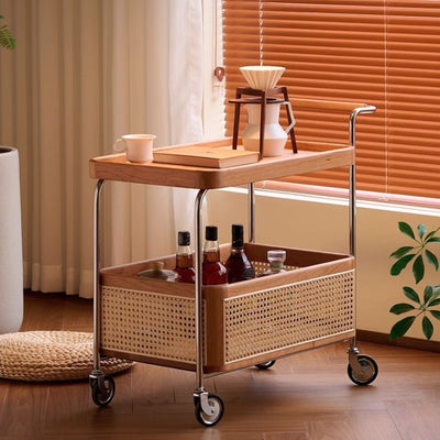 Modern Minimalist Rectangular Rubberwood Carbon Steel Faux Rattan Weaving Movable End Table 2-Tier For Living Room