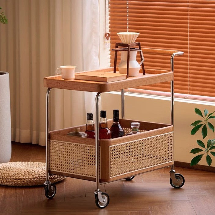 Modern Minimalist Rectangular Rubberwood Carbon Steel Faux Rattan Weaving Movable End Table 2-Tier For Living Room