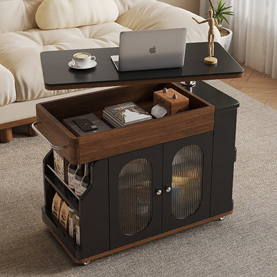 Modern Minimalist Rectangular Solid Wood Eco Board Iron Stainless Steel 360°Swivel Height Adjustable Movable End Table 7-Cabinet For Living Room