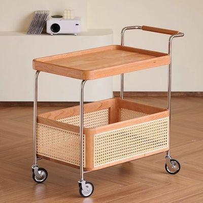 Modern Minimalist Rectangular Rubberwood Carbon Steel Faux Rattan Weaving Movable End Table 2-Tier For Living Room