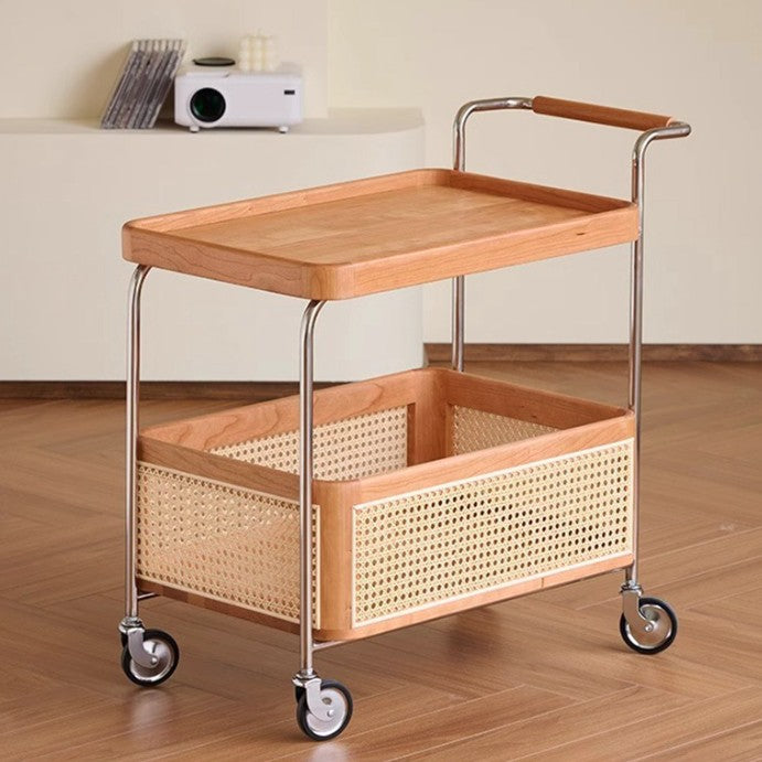 Modern Minimalist Rectangular Rubberwood Carbon Steel Faux Rattan Weaving Movable End Table 2-Tier For Living Room