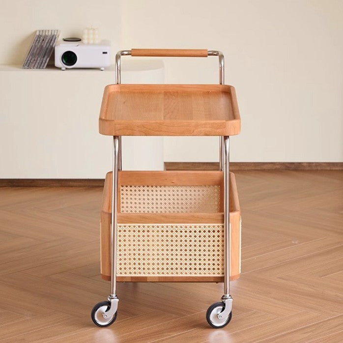 Modern Minimalist Rectangular Rubberwood Carbon Steel Faux Rattan Weaving Movable End Table 2-Tier For Living Room