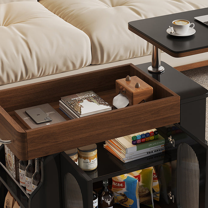 Modern Minimalist Rectangular Solid Wood Eco Board Iron Stainless Steel 360°Swivel Height Adjustable Movable End Table 7-Cabinet For Living Room